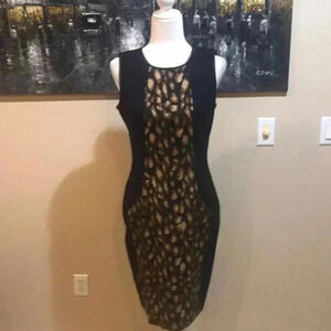 NWT DKNY Animal Print Colorblock Sheath Midi Dress Lambskin Leather Trim-Sz 6